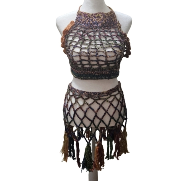 Handmade Crochet Swim Cover-up Fishnet Design Multicolor Rainbow Halter Crop-Top - Picture 13 of 17